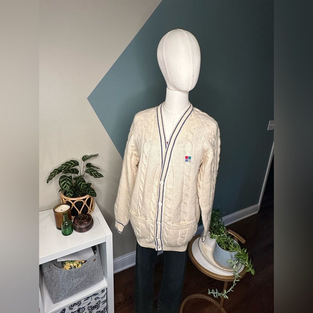 Vintage 80s Preppy CableKnit Wool Cardigan Sweater Quattro Quadrai for Crocodile